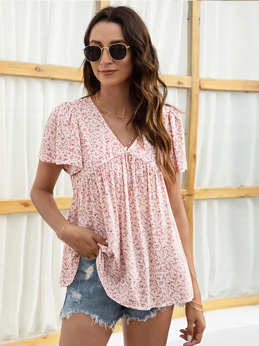 V-Neck Floral Printed Pattern Short Sleeve Loose Casual T-Shirt