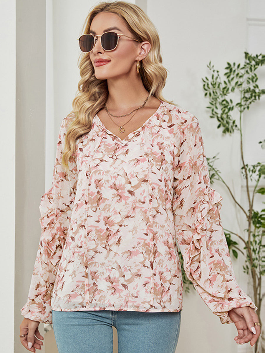 T-Shirts - Long Sleeve Floral Printed Loose Chiffon T-Shirt - MsDressly