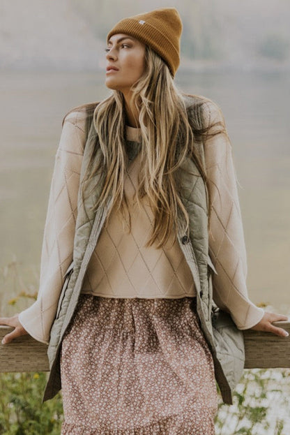 Grass Green Quilted Long Vest Jacket with Pockets