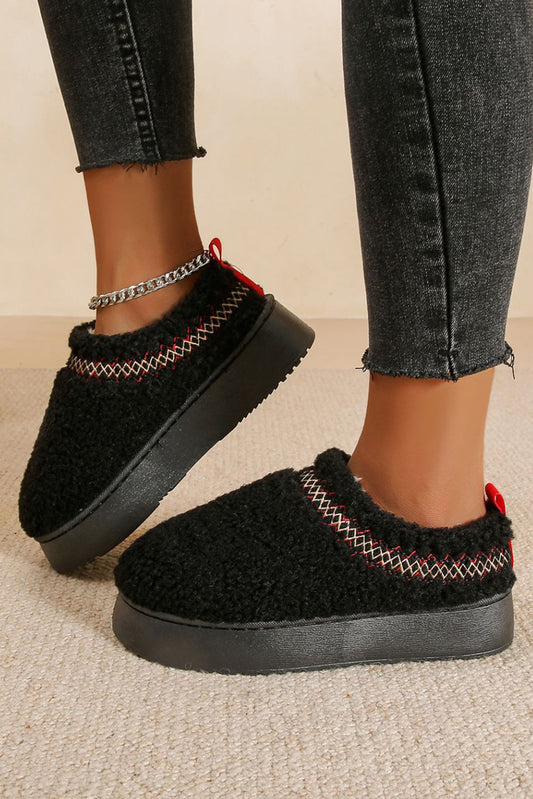 Black Embroidered Sherpa Plush Thick Sole Snow Boots