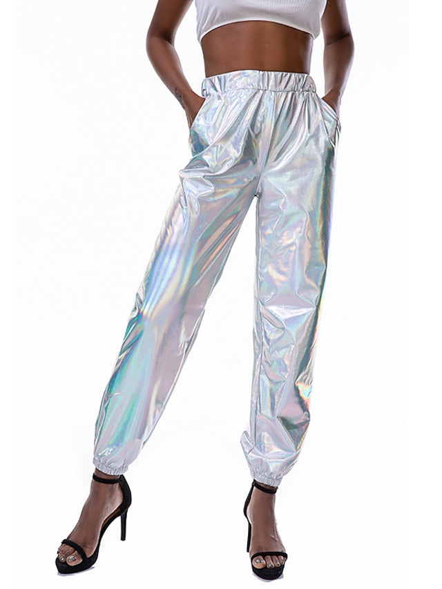 Women's Pants Cargo Pants Loose Pants Hip Hop Dance Costumes Spicy Girls Laser Holographic Shiny 1980s Silver Black Golden Pink Brown - LuckyFash™