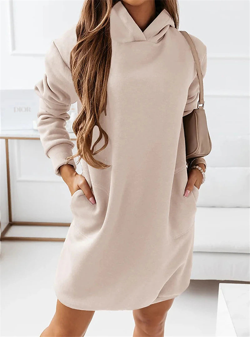 Women‘s Hoodie Dress Winter Dress Knee Length Dress Black khaki Brown Long Sleeve Fall Solid Color Patchwork Winter Casual Loose S M L XL XXL XXXL