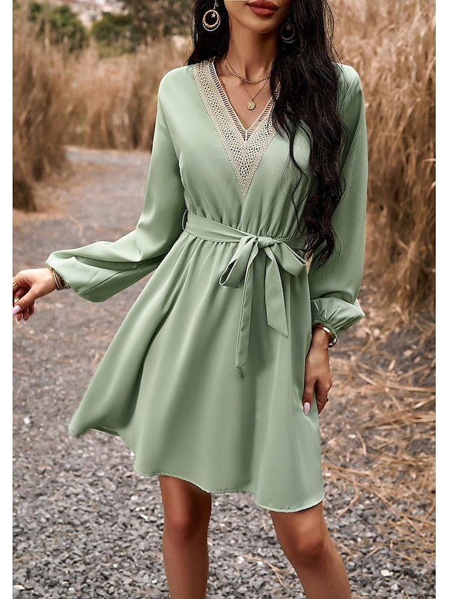 Women's White Dress Plain Dress Long Dress Maxi Dress Patchwork With Belt Valentine's Day Date Vacation Elegant A Line V Neck Long Sleeve Black White Wine Color