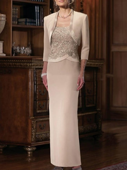 Sheath / Column Mother of the Bride Dress Plus Size Elegant Straight Neckline Floor Length Chiffon Satin Lace Sleeveless Short Jacket Dresses with Sash / Ribbon Appliques 2023 - LuckyFash™