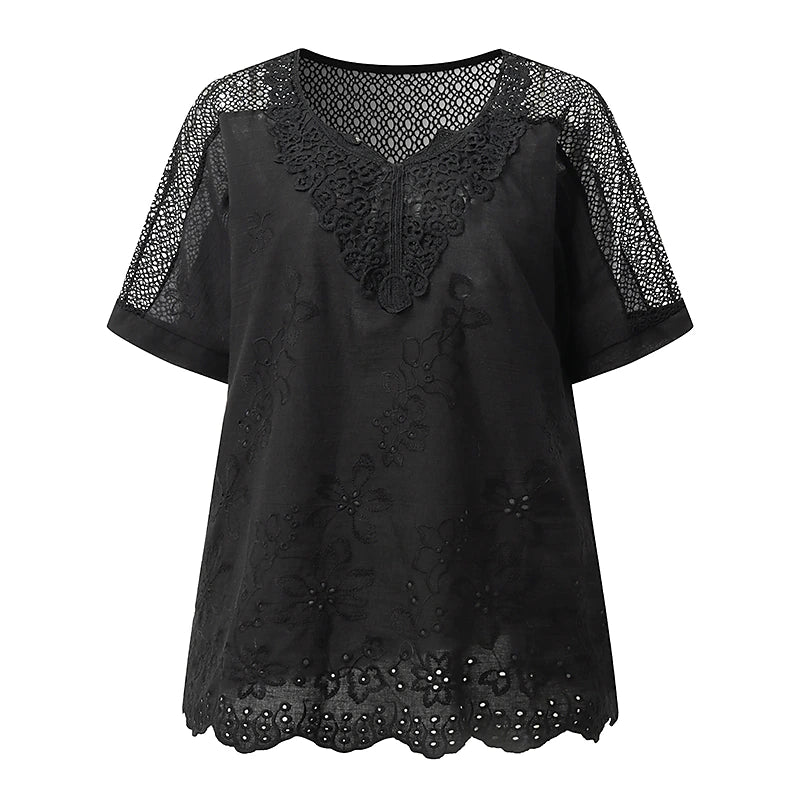 Women's Shirt Lace Shirt Blouse Eyelet top Plain Daily Going out Weekend Embroidered Black Short Sleeve Streetwear Basic Casual V Neck Summer Spring