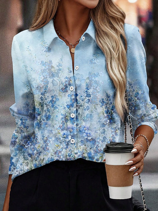 Women's Shirt Blouse Floral Casual Holiday Button Print Blue Long Sleeve Fashion Shirt Collar Spring &  Fall