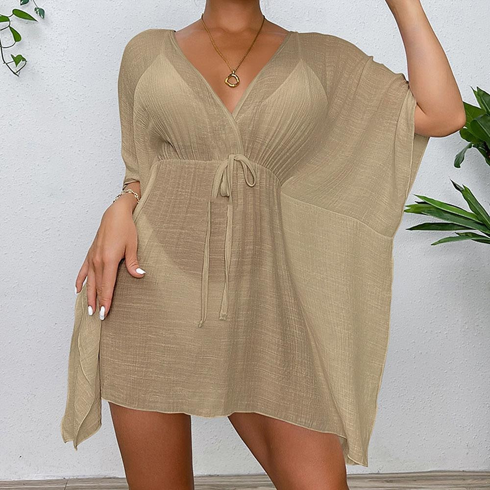 Women's Summer Dress Cover Up Drawstring Beach Wear Holiday Long Sleeve Black White Blue Color