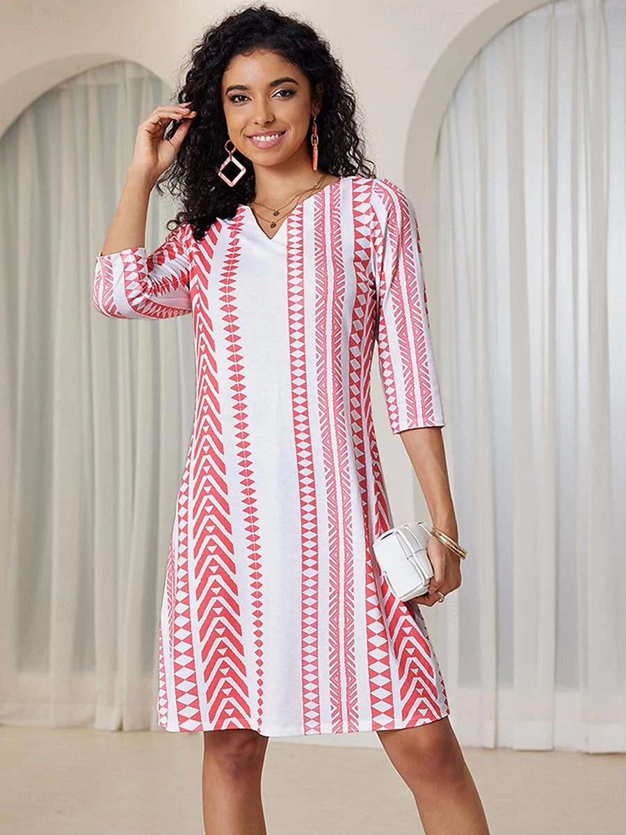 Women's V Neck Midi Dress Half Sleeve Geometric Print Bohemian