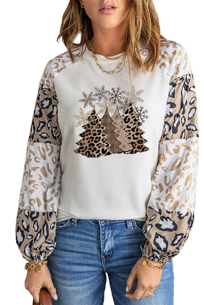 Leopard Color Block Crew Neck Long Sleeve Blouse