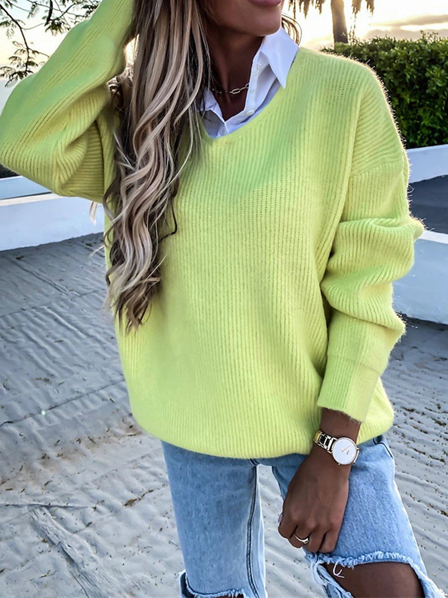 Women's Pullover Sweater Jumper Shirt Collar Ribbed Knit Polyester Patchwork Fall Winter Outdoor Daily Date Stylish Casual Soft Long Sleeve Solid Color fluorescent yellow Black White S M L