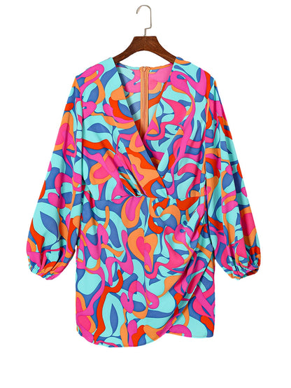 Abstract Print Plus Size V-Neck Pleated Long Sleeve Dress