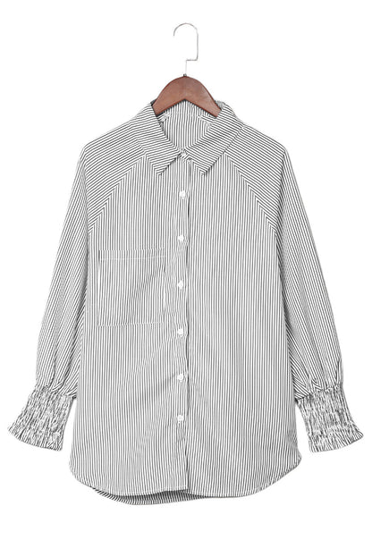 Smocked Cuffed Striped Boyfriend Shirt with Pocket