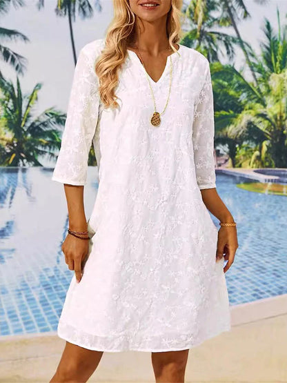 Women's White Dress Lace Dress Casual Dress Mini Dress Lace Embroidered Date Vacation Streetwear Split Neck 3/4 Length Sleeve White Color