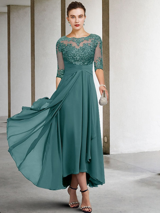 A-Line Mother of the Bride Dress Plus Size Elegant High Low V Neck Asymmetrical Ankle Length Chiffon Lace Half Sleeve with Beading Appliques 2023 - LuckyFash™