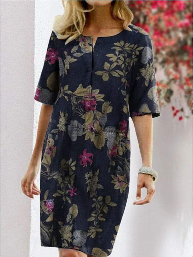 Women‘s Plus Size Curve Shift Dress Sheath Dress Midi Dress Pink Dusty Blue Orange Half Sleeve Print Patchwork Summer Spring Crew Neck Elegant Party 2023 S M L XL XXL 3XL