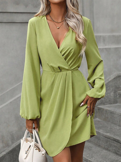 Women's Work Dress Semi Formal Dress Wrap Dress Elegant Winter Dress Office Daily Mini Dress Ruched V Neck Long Sleeve Plain Regular Fit Green Fall Winter S M L XL