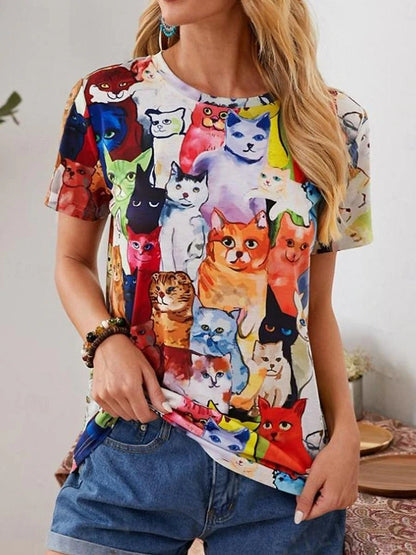 Women's T shirt Tee Cat Casual Black Short Sleeve Fashion Crew Neck Spring & Summer