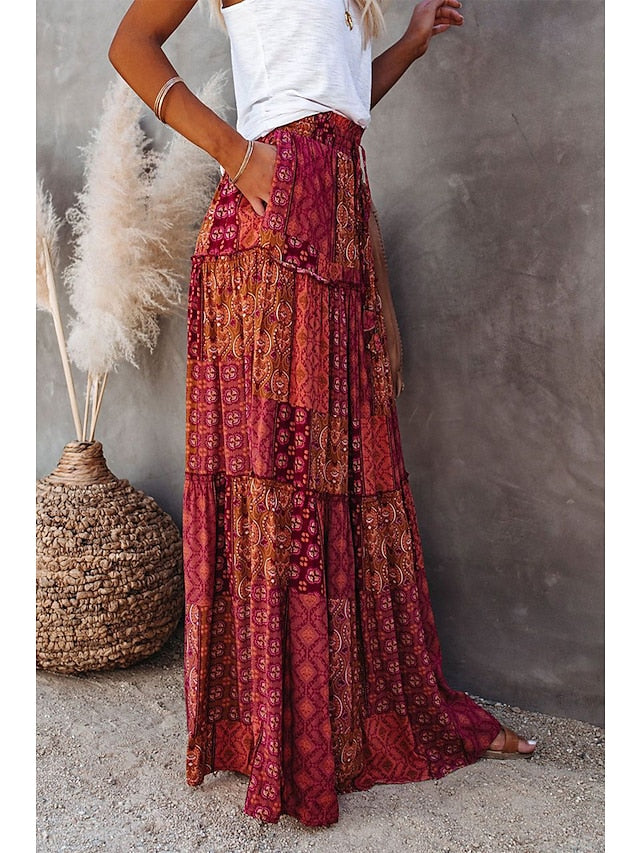 Women's Skirt Swing Long Skirt Maxi Polyester Black Yellow Purple Orange Skirts Spring & Summer Drawstring Print Vintage Boho Causal Vacation S M L - LuckyFash™