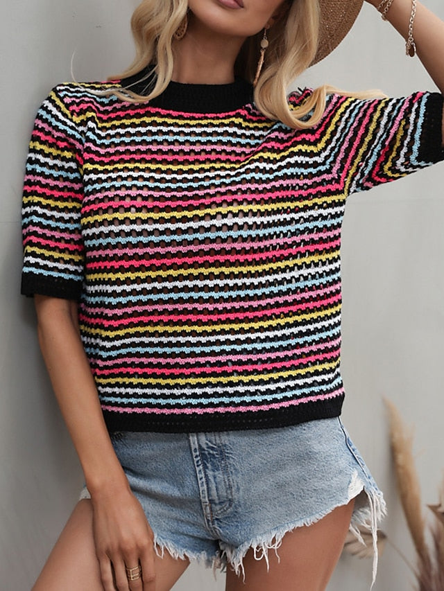 Women's Pullover Sweater jumper Jumper Crochet Knit Knitted Hole Rainbow Crew Neck Stylish Casual Outdoor Home Spring Summer Green Blue S M L / Striped / Regular Fit - LuckyFash™