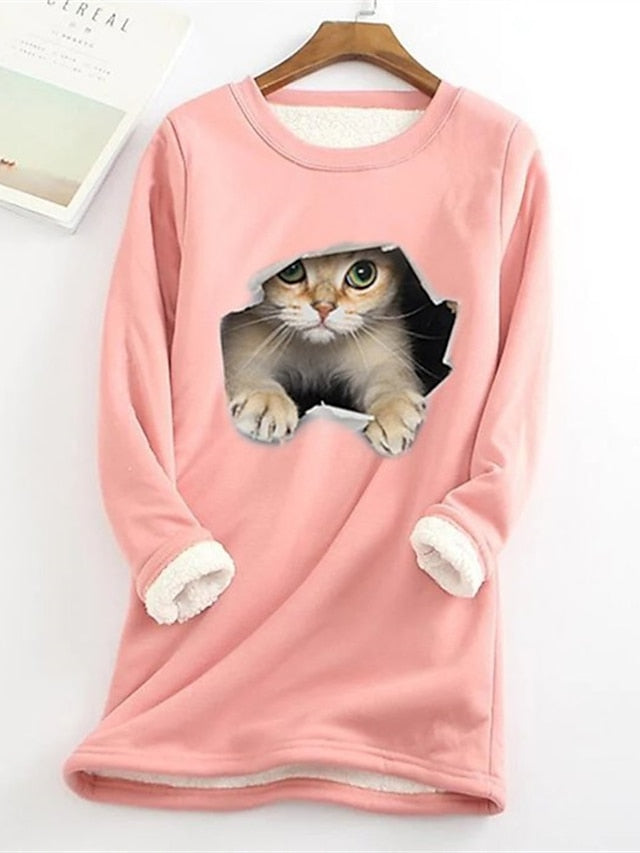 Women's Sweatshirt Pullover Sherpa Fleece Teddy Denim Blue Black White Cat Street Round Neck Plus Size Long Sleeve - LuckyFash™