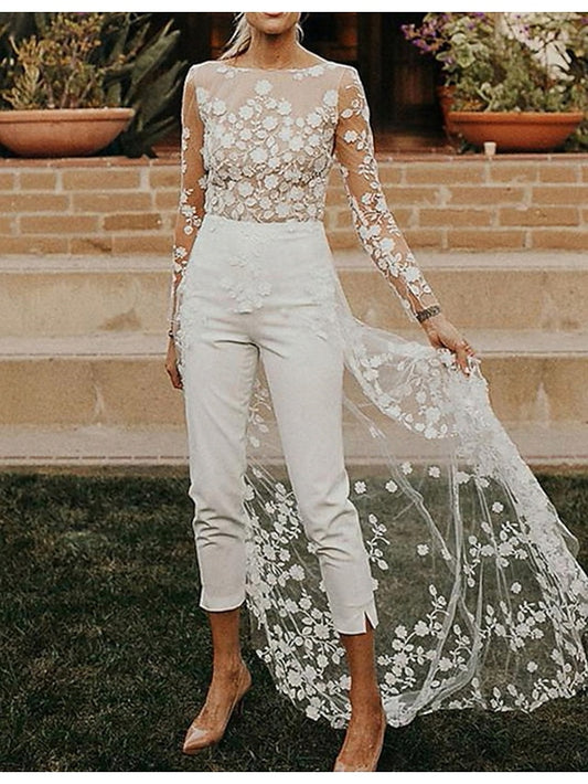 Women's Jumpsuit Backless Lace Solid Color Crew Neck Elegant Party Wedding Regular Fit Long Sleeve Lace Sleeves White S M L Spring - LuckyFash™