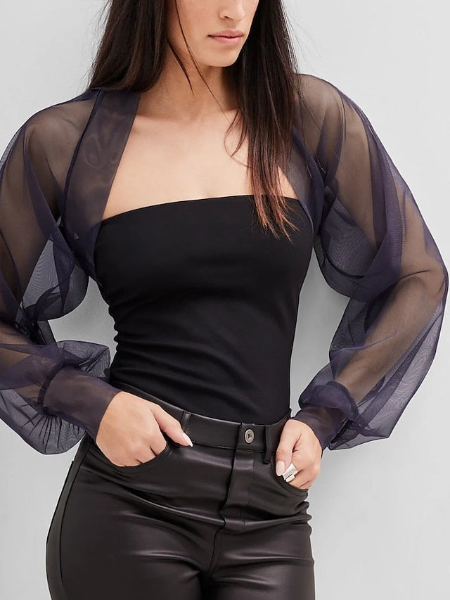 Mesh Bolero Sun Protection Long Puff Sleeve See Through Cover Up Shrug Tulle Bolero Bridal Organza Wedding Guest Fashion Women's Wrap  All-Match Spring & Summer - LuckyFash™