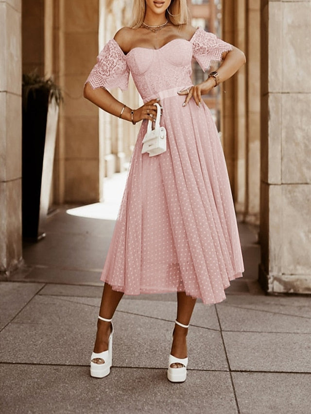 Women's Party Dress Corset Dress Lace Dress Midi Dress Black Pink Fuchsia Short Sleeve Polka Dot Lace Summer Spring Square Neck Fashion Birthday Wedding Guest Vacation S M L XL - LuckyFash™