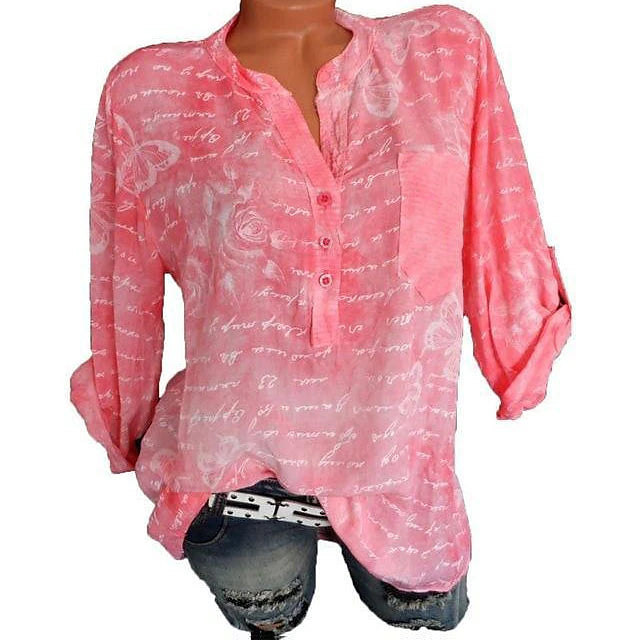 Women's Shirt Blouse Cotton Graphic Daily Weekend Button Print Pink Long Sleeve Basic V Neck Spring Fall