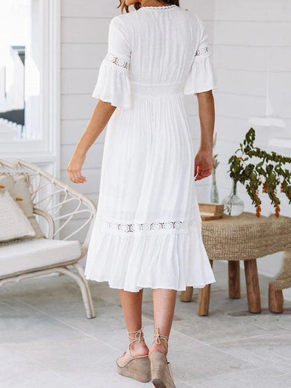 Women's White Dress Lace Dress Casual Dress Midi Dress Lace Patchwork Date Vacation Elegant Streetwear V Neck 3/4 Length Sleeve White Color