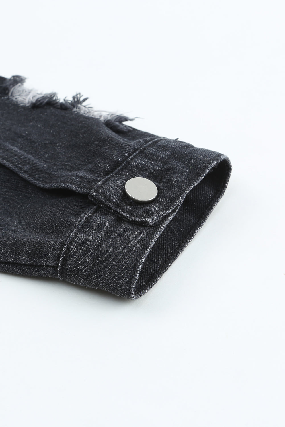 Black Lapel Distressed Raw Hem Buttons Denim Jacket