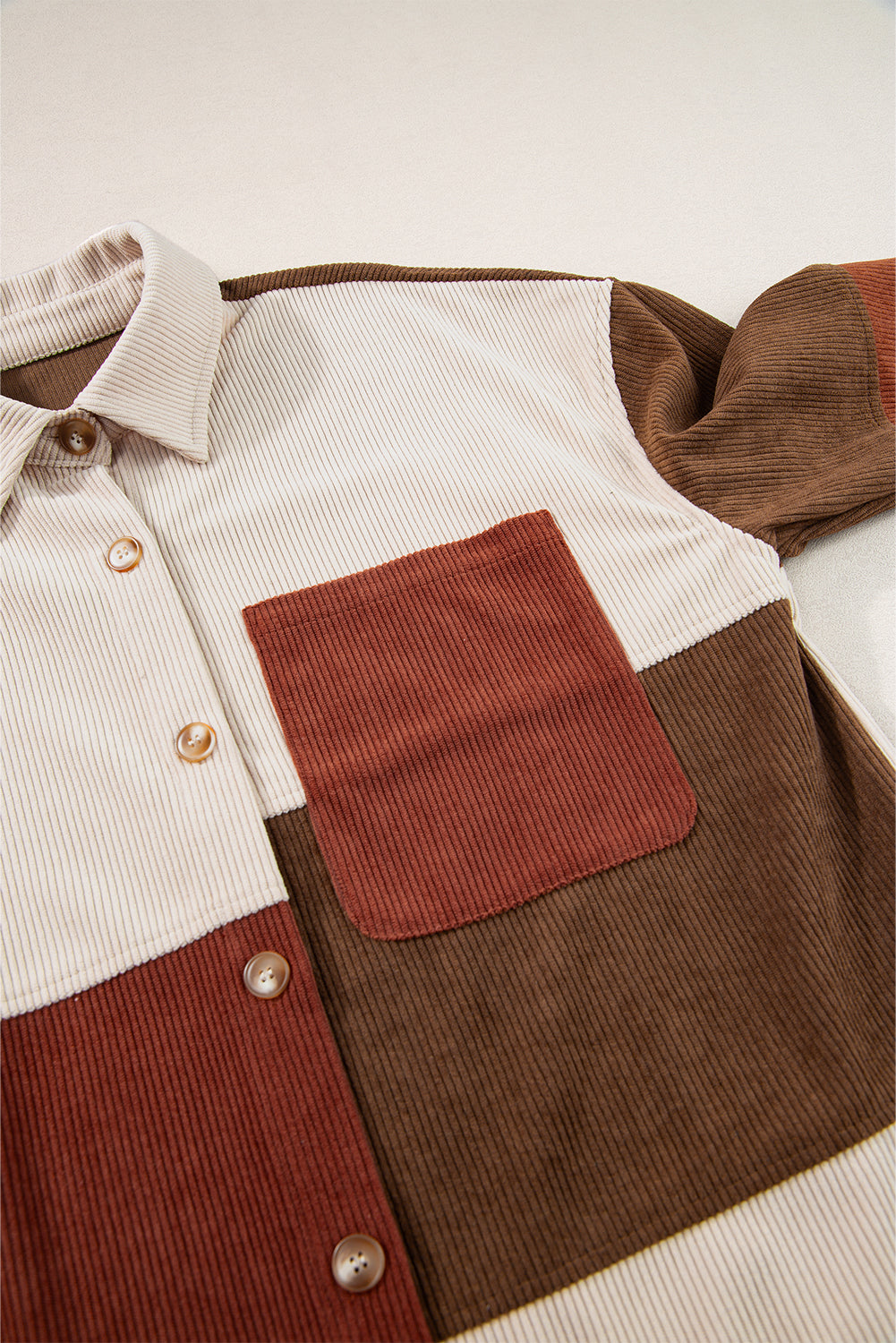 Cinnamon Colorblock Curved Hem Corduroy Shacket with Pocket