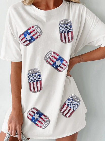 American Flag Sequin Can Oversized Graphic Tee in White