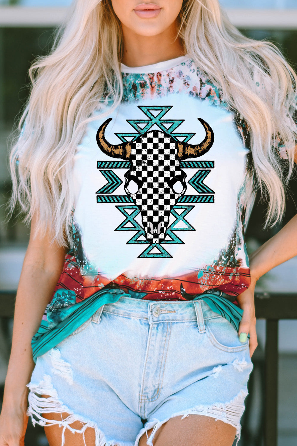 Green Western Checkered Steer Head Bleached T-Shirts