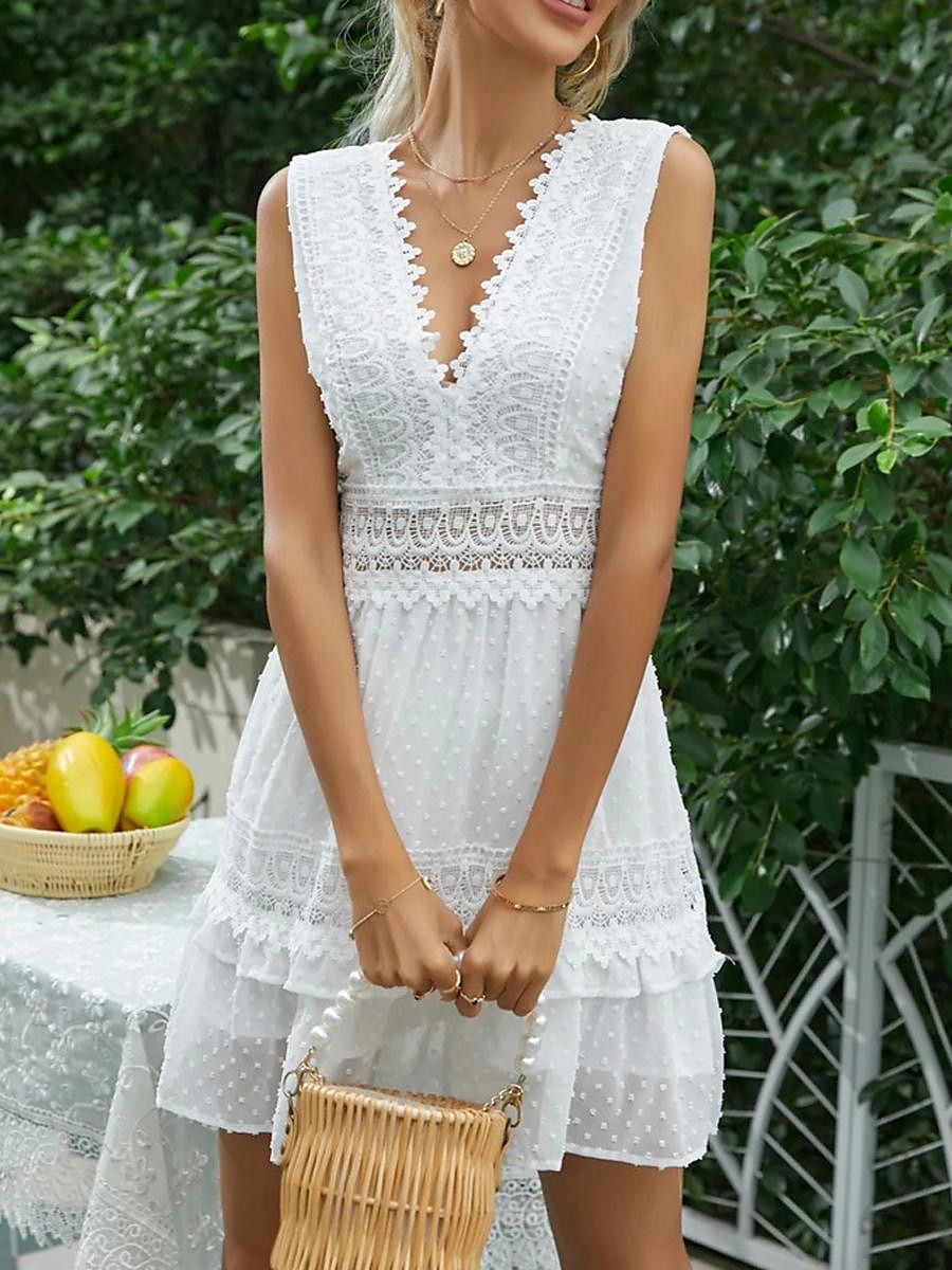 Women's White Lace Wedding Dress Mini Dress Cotton with Sleeve Date Vacation Streetwear A Line V Neck Sleeveless White Color