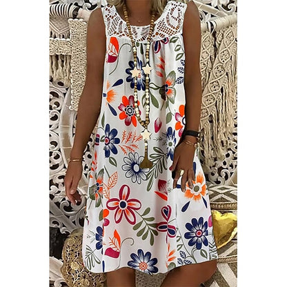 Women‘s Shift Dress Knee Length Dress White Black Army Green Fuchsia Navy Blue Sleeveless Floral Print Spring Summer Round Neck Hot Casual Boho Loose 2023 M L XL XXL 3XL 4XL 5XL