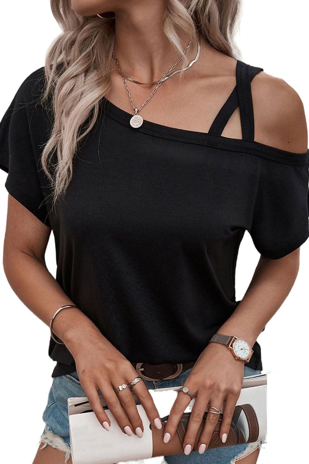 Edgy Black Criss Cross One Shoulder T-Shirt with Asymmetric Style