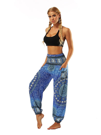 Women's Yoga Pants Side Pockets Harem Smocked Waist Lightweight Quick Dry High Waist Belly Dance Fitness Bloomers Bohemian Hippie Boho Ocean Blue Light Purple Jade Sports Activewear Stretchy Loose Fit - LuckyFash™