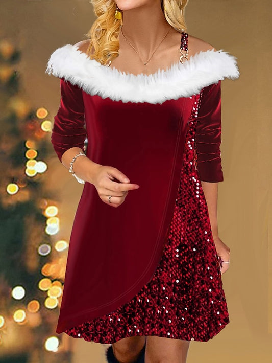 Women's Velvet Dress Sequin Dress Party Dress Velvet Sequins Patchwork Long Sleeve Mini Dress Christmas Vacation Wine Winter