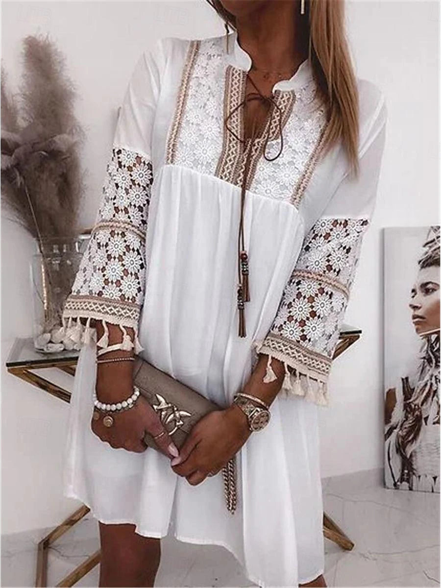 Women's White Dress Lace Dress Casual Dress Mini Dress Lace Ruffle Date Vacation Streetwear Basic Split Neck 3/4 Length Sleeve White Color