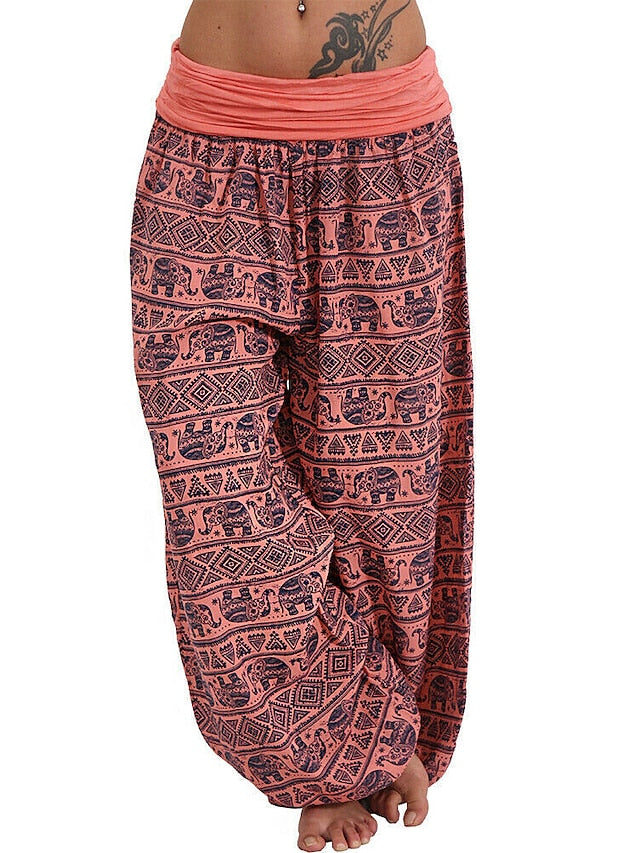 Womenâ€˜s Harem Pants Wide Leg Fold Over Waist Palazzo Bohemia Zumba Belly Dance Yoga Bloomers Bottoms Elephant Hippie Boho Navy ArmyGreen White Plus Size Sports Activewear - LuckyFash™