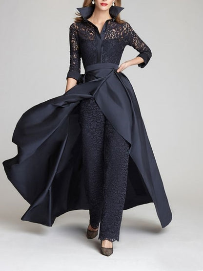 Jumpsuit / Pantsuit Mother of the Bride Dress Formal Wedding Guest Vintage Party Shirt Collar Floor Length Satin Lace 3/4 Length Sleeve with Ruching 2023 - LuckyFash™