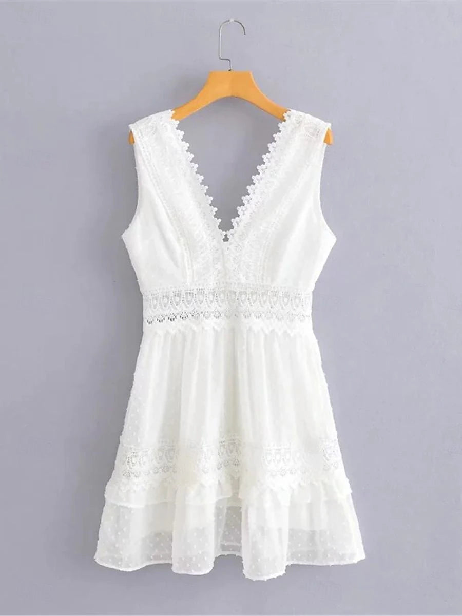 Women's White Lace Wedding Dress Mini Dress Cotton with Sleeve Date Vacation Streetwear A Line V Neck Sleeveless White Color