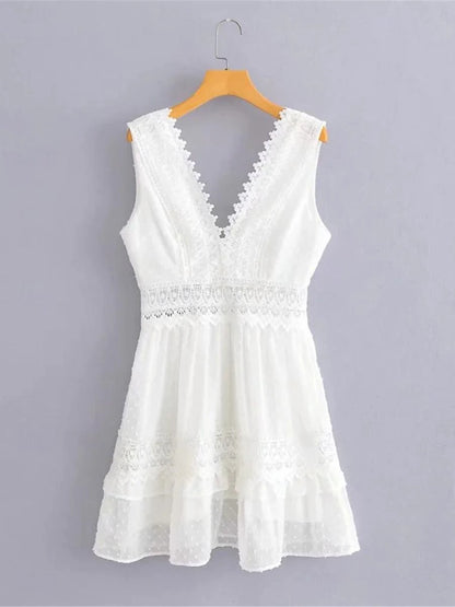 Women's White Lace Wedding Dress Mini Dress Cotton with Sleeve Date Vacation Streetwear A Line V Neck Sleeveless White Color