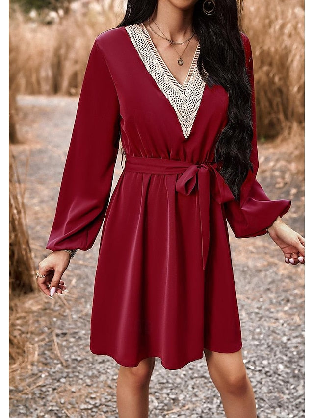 Women's White Dress Plain Dress Long Dress Maxi Dress Patchwork With Belt Valentine's Day Date Vacation Elegant A Line V Neck Long Sleeve Black White Wine Color