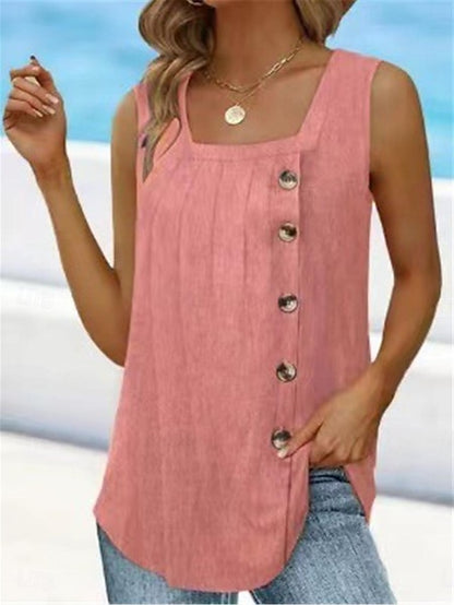 Women's Tank Top Vest Plain Casual Button Pink Sleeveless Basic Modern Square Neck Summer