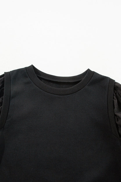 Black Textured Patchwork Round Neck Sweatshirt