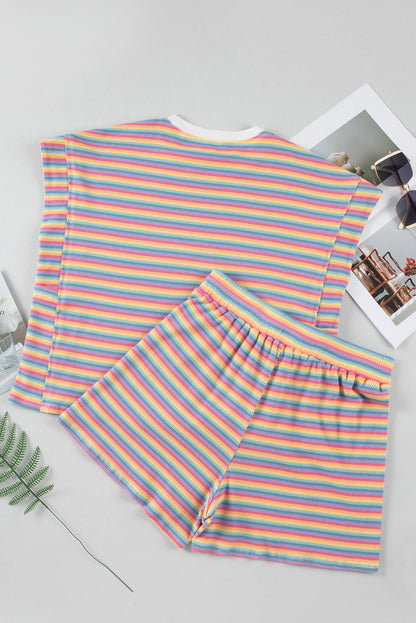 Pink Stripe Crew Neck Tee and Tasseled Drawstring Shorts Set