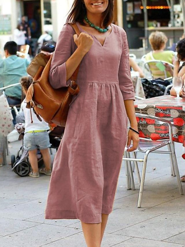 Women's Dress - Cotton Linen Dress Casual Dress Linen Dress Maxi long Dress Cotton Basic Casual Daily Holiday Vacation Split Neck Ruched Half Sleeve Summer Spring 2023 Regular Fit Yellow Pink Red Pure Color