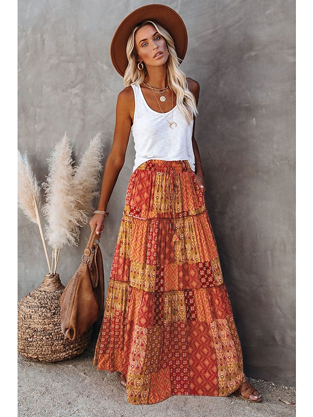 Women's Skirt Swing Long Skirt Maxi Polyester Black Yellow Purple Orange Skirts Spring & Summer Drawstring Print Vintage Boho Causal Vacation S M L - LuckyFash™