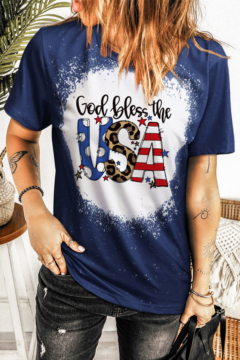 Blue God Bless the USA Print Tie Dye T-Shirt